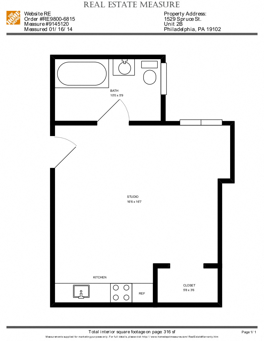 Floor plan for studio, 1 bath, 320 sqft